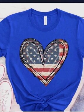 Women's Royal Blue Heart Graphic Tee - Patriotic Flag Design